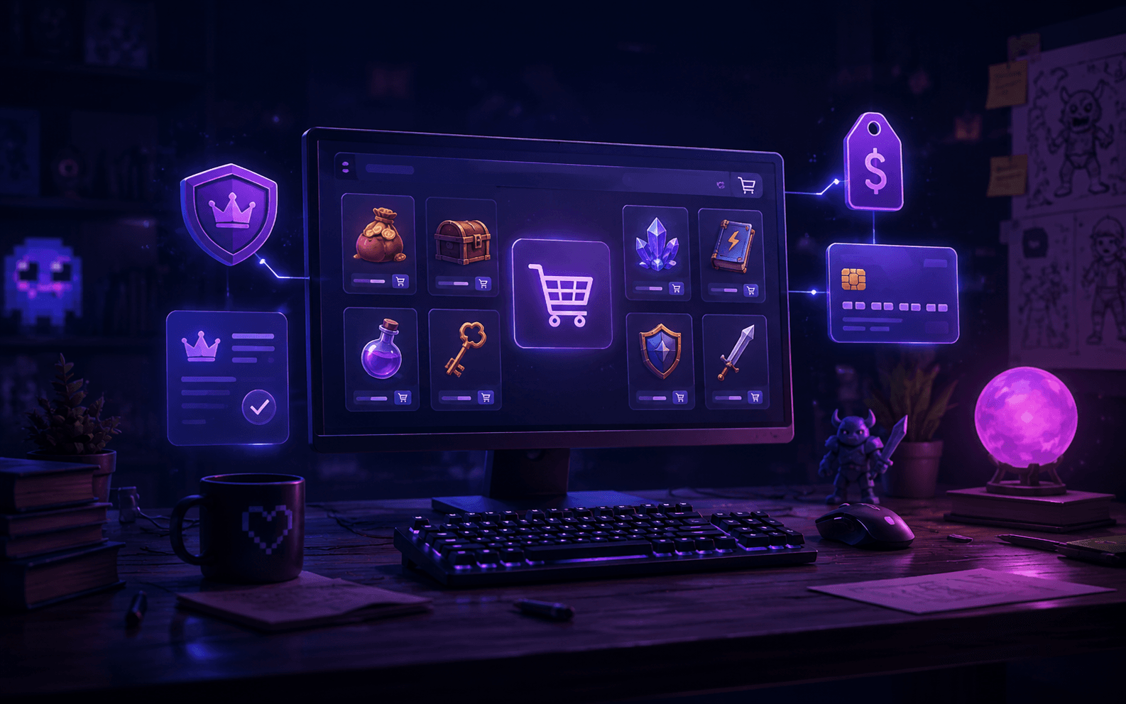 Designer workspace with planning notes and game production screens